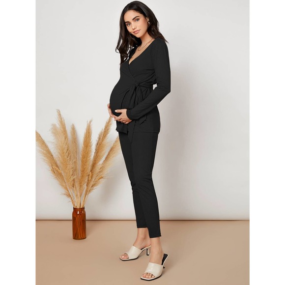 Maternity Wrap Tie Side Top Pants Set - Picture 1 of 4